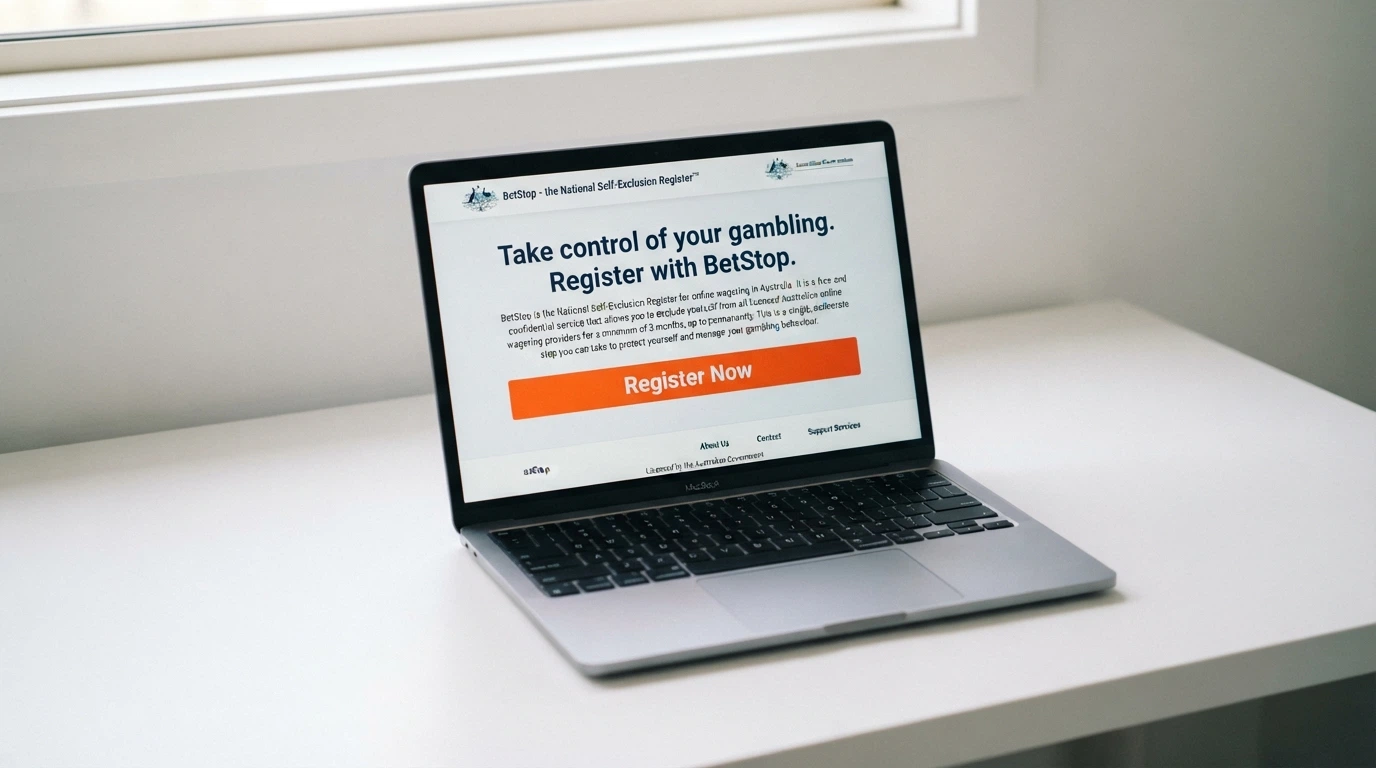 The BetStop National Self-Exclusion Register homepage on a laptop screen with the registration button visible