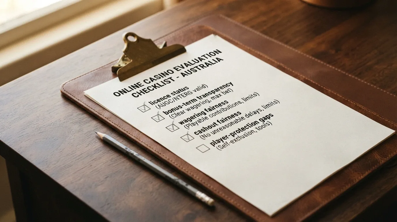 A structured checklist with criteria items for evaluating online casino bonus offers, including licence, wagering and cashout terms